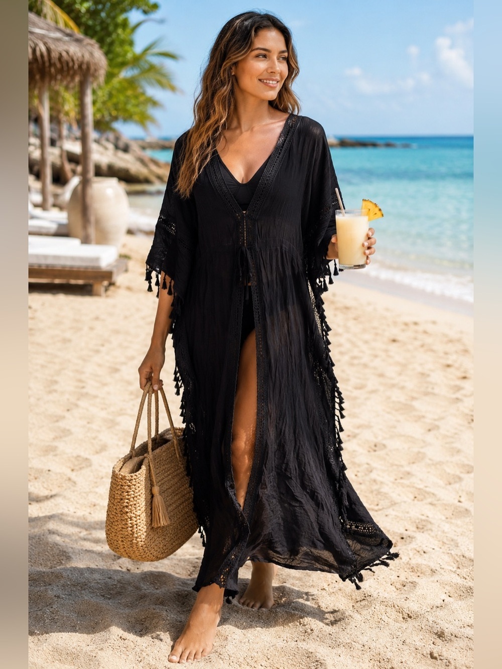 lovestitch Black Tassel Trim Swim Coverup Kaftan